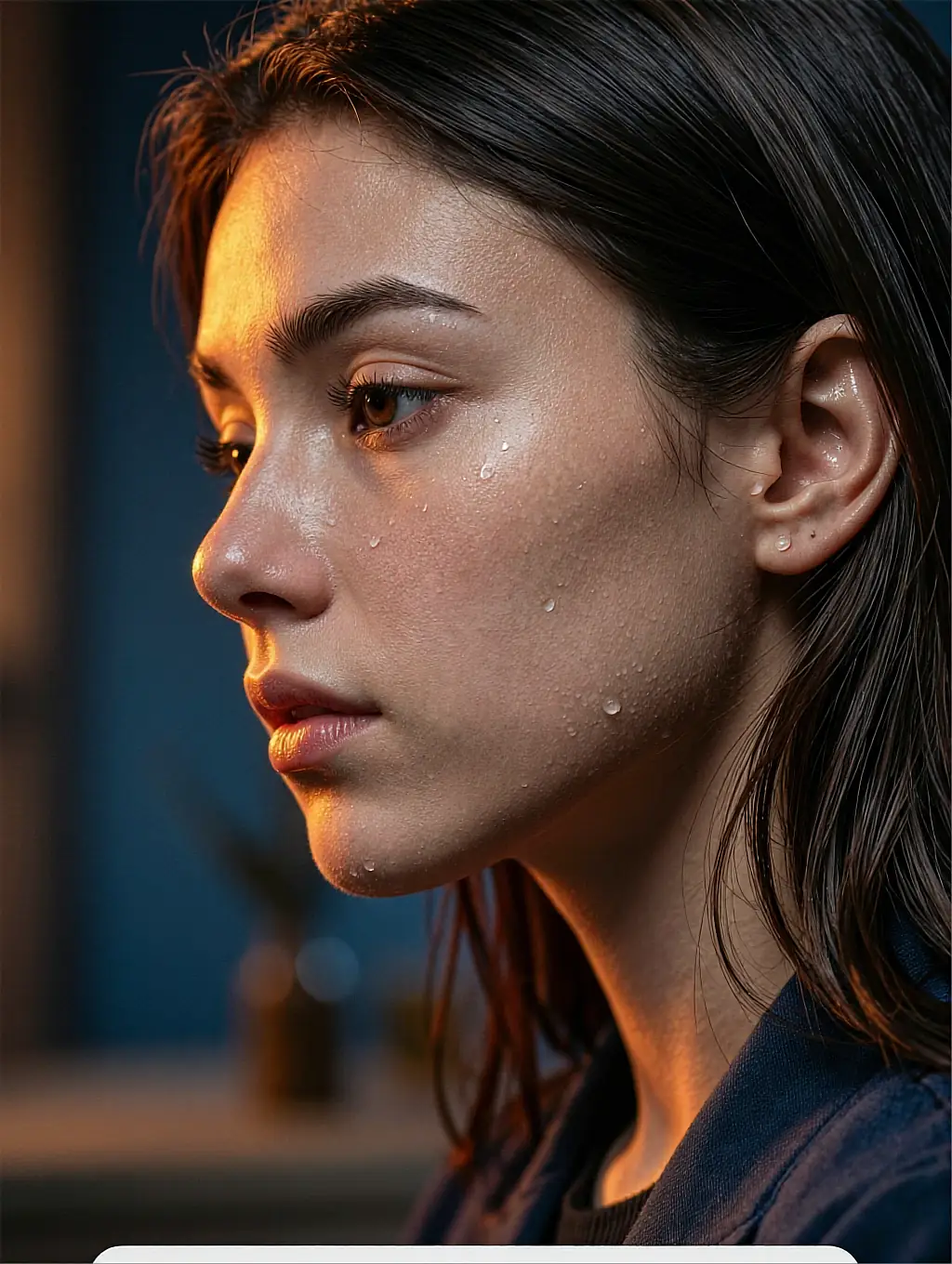 Warm-lit profile portrait of a fictional AI companion with damp hair, delivered free