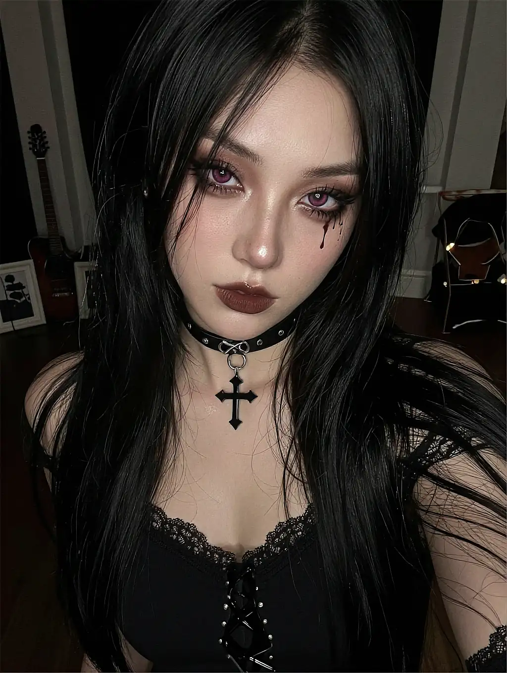 Earlier free frame: fictional AI companion with violet lenses and a cross choker