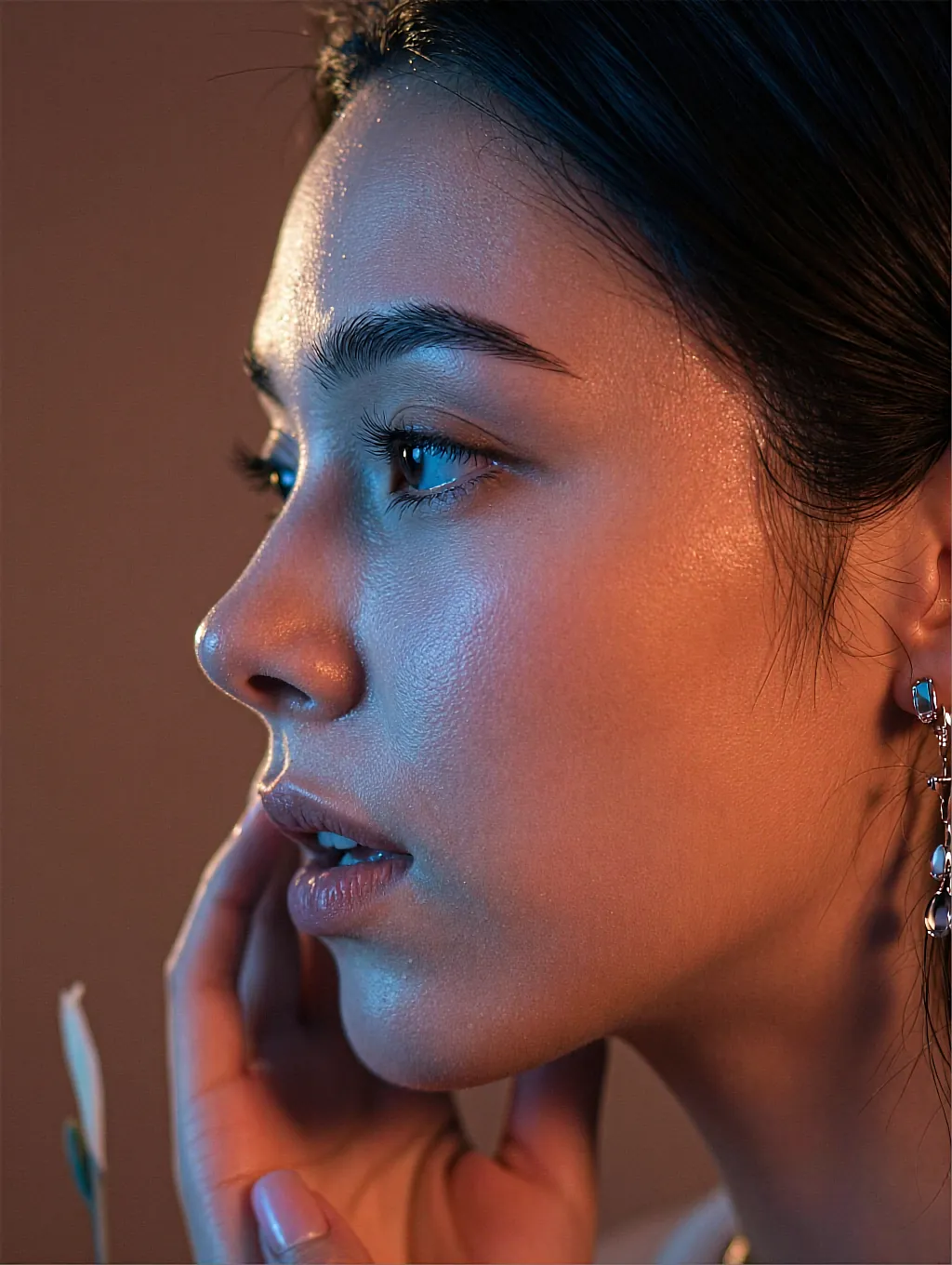 Frame one of the set: profile portrait under warm and cold split lighting