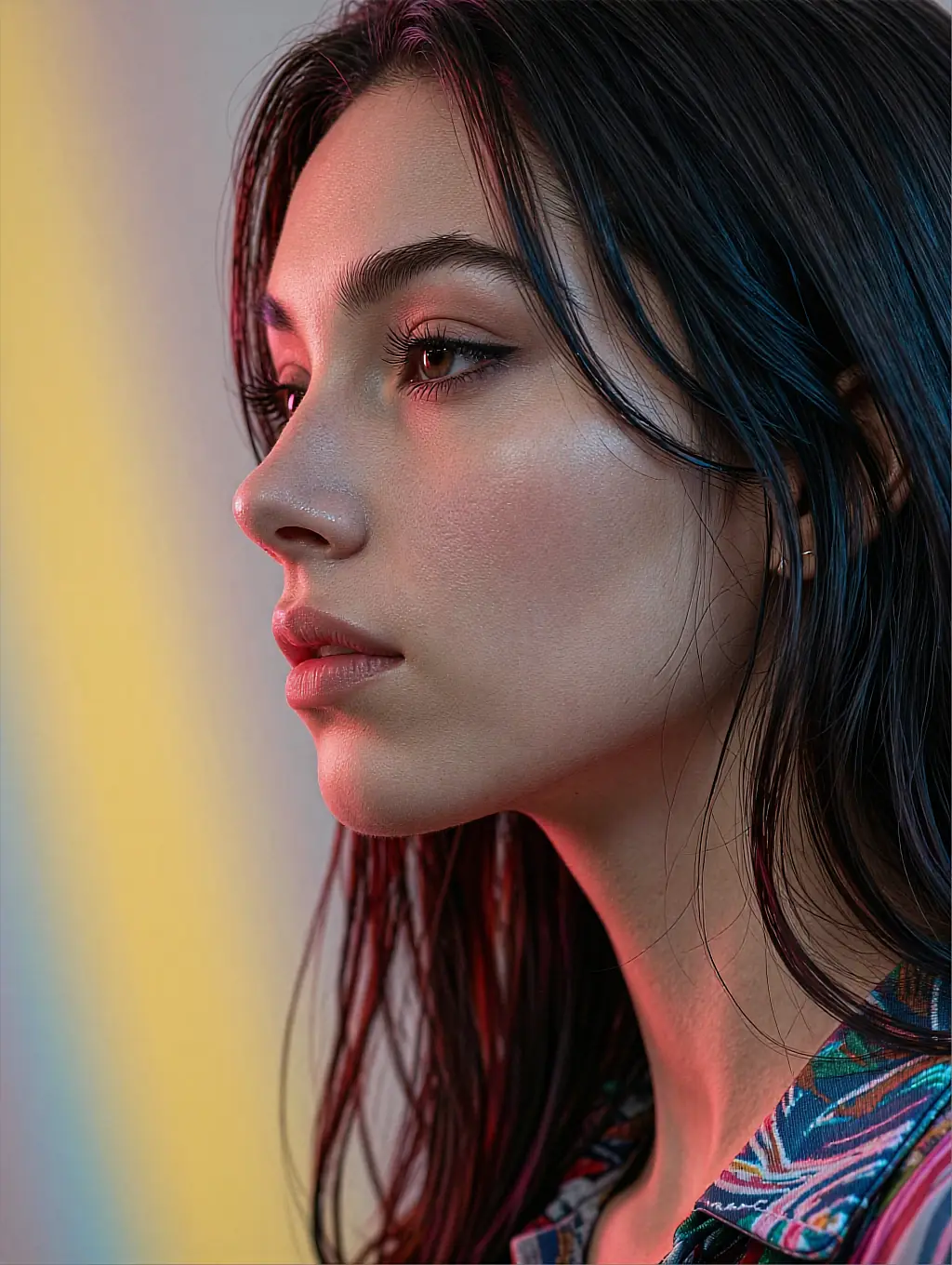 Frame two of the set: studio profile against a soft rainbow backdrop