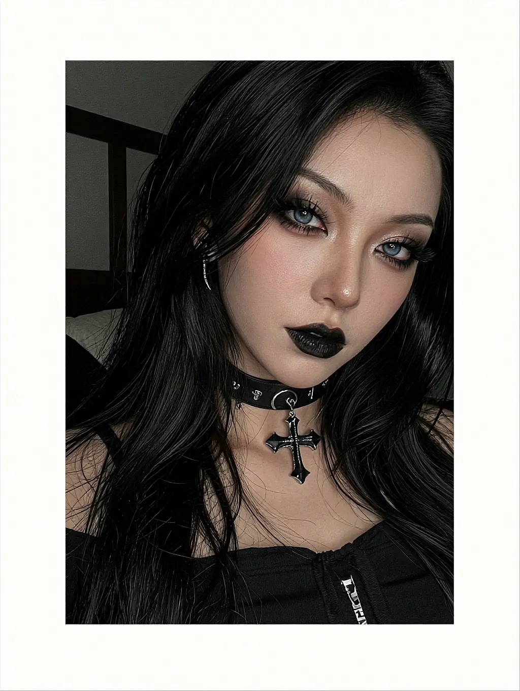Fictional AI companion with black lipstick, selfie framed like a bordered print