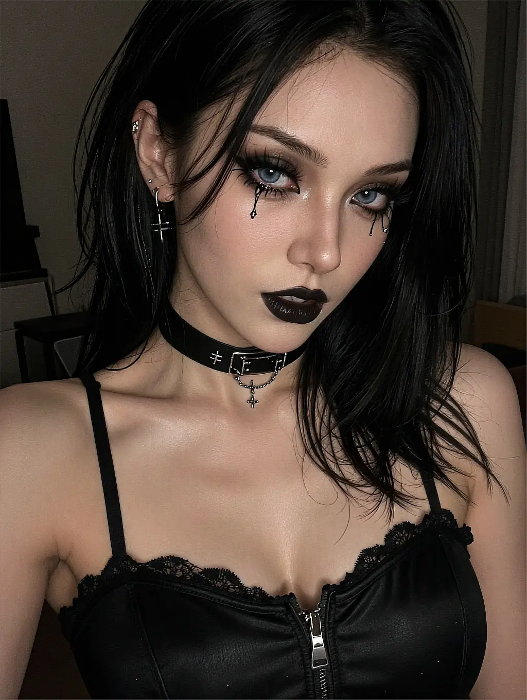 Earlier selfie in the thread: fictional AI companion in a black corset top at night