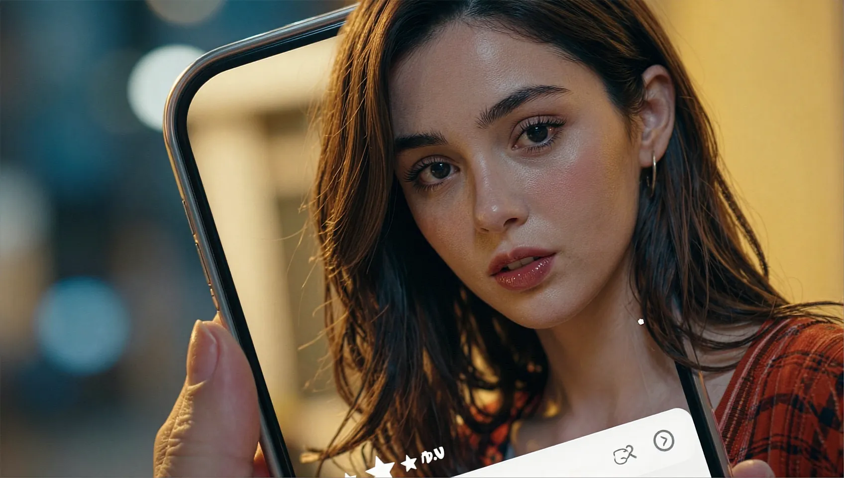 Fictional AI companion beside a phone displaying a picture she just sent