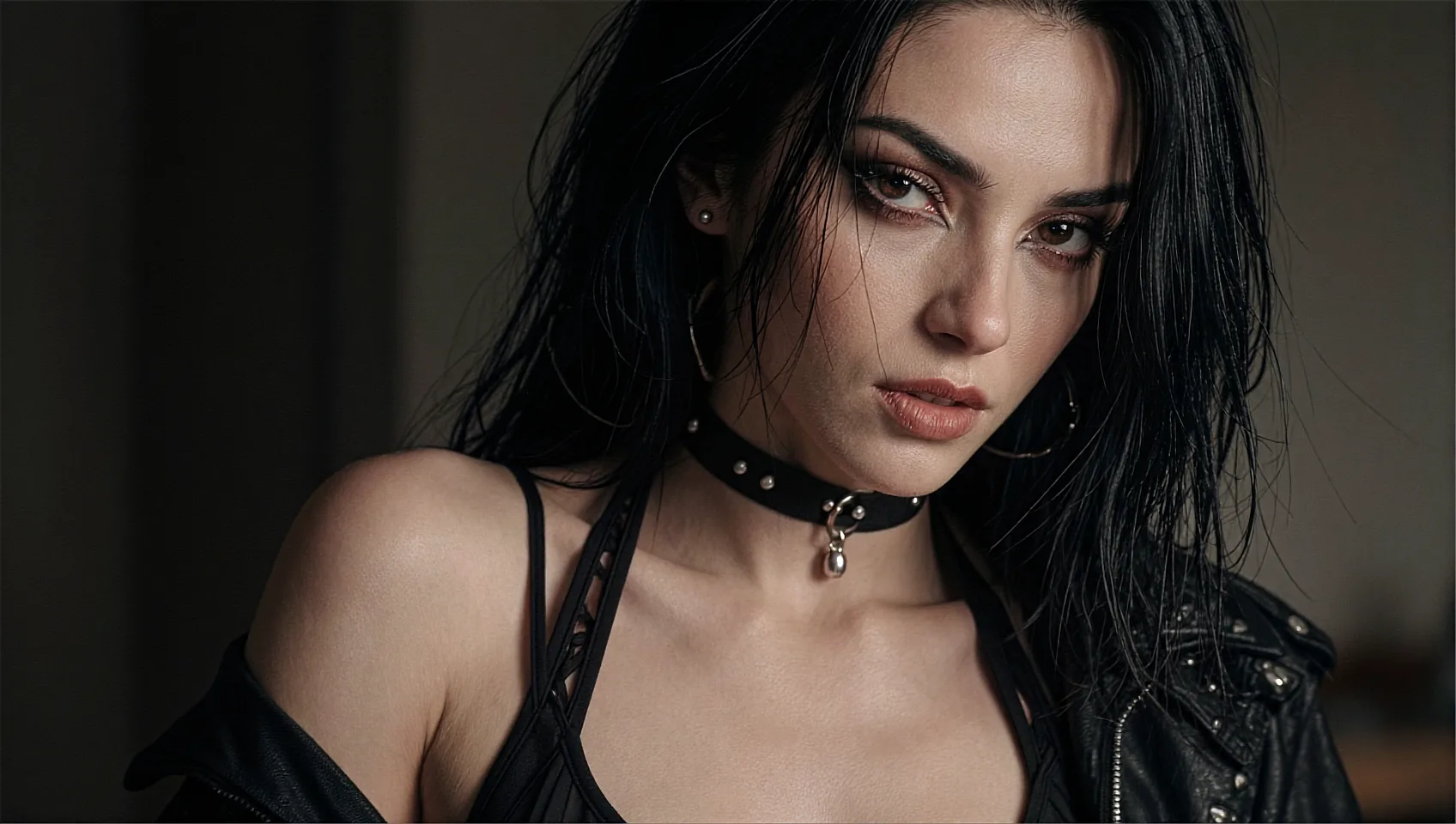 Fictional AI companion in a leather jacket photographed in low window light