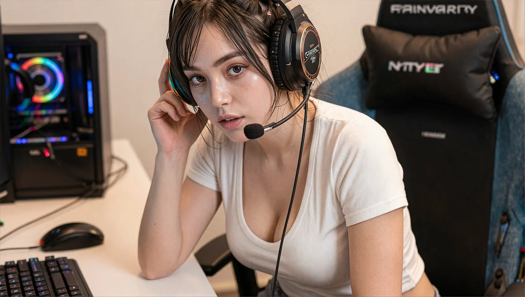 Fictional AI companion adjusting her headset at a bright desk setup