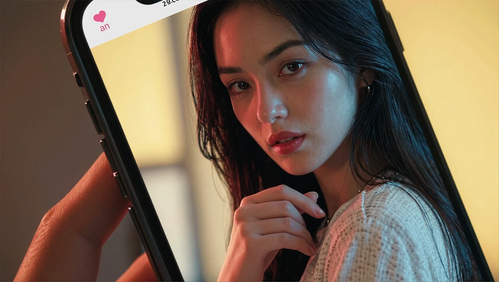 Fictional AI companion beside a phone displaying her own portrait in warm evening light